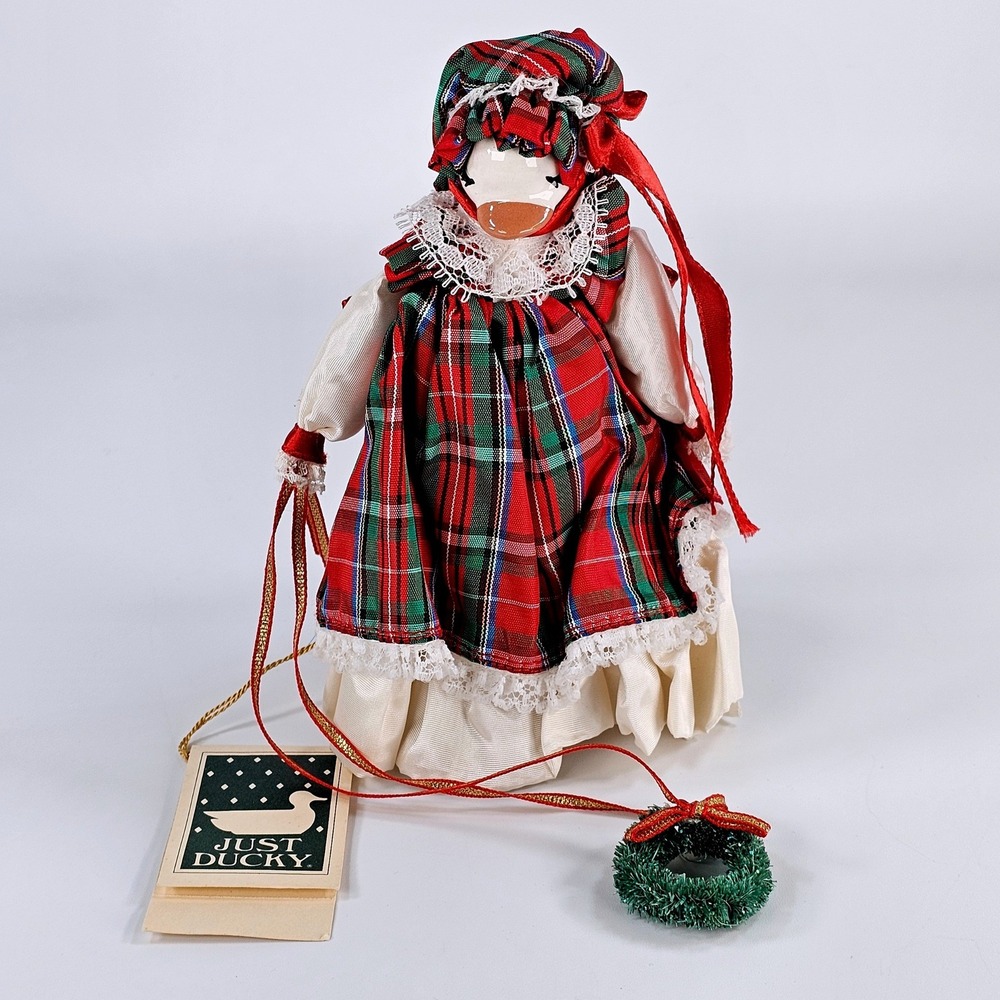 Just Ducky Christmas Duck Figurine Plaid Victorian Holiday Dress Wreath NWT 6.5"